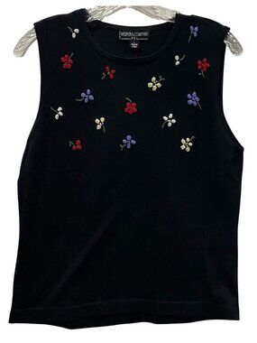 Kasper & Company Silk Floral Embroidered Sweater Knit Top PL Black Cottagecore